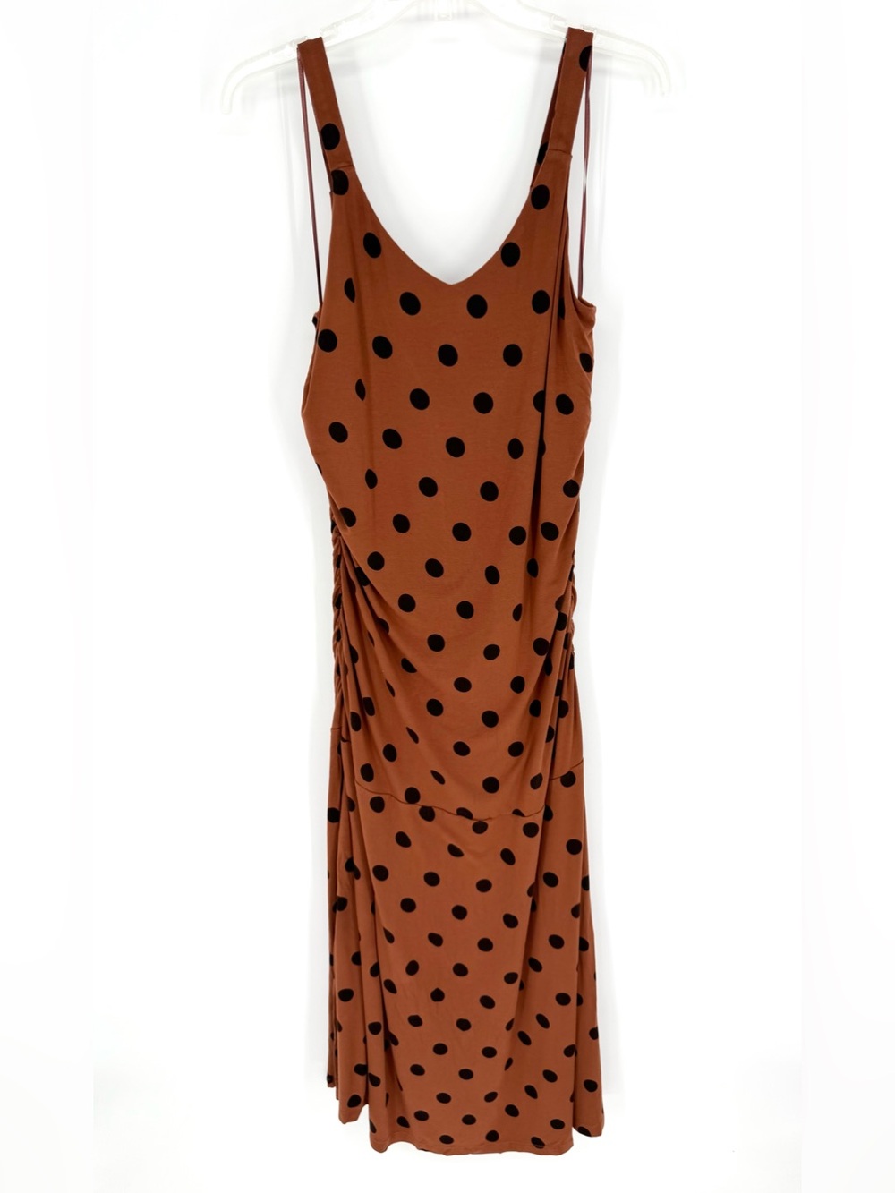 By Anthropologie Ruched Polka Dot Gathered Midi Dress Brown Plus Size L - Picture 10 of 13